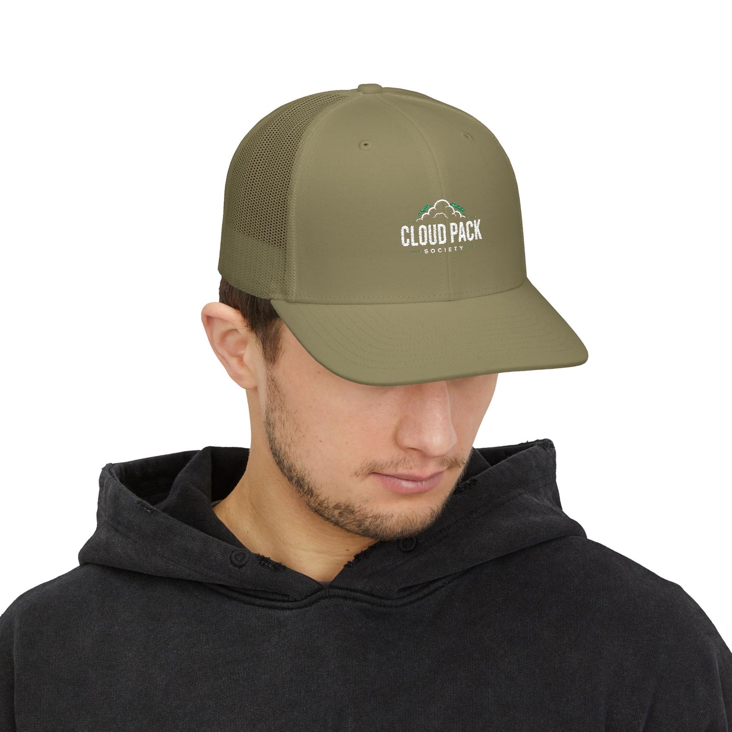 Cloud Pack Trucker Cap — Embroidered Mountain & Cloud Snapback Hat