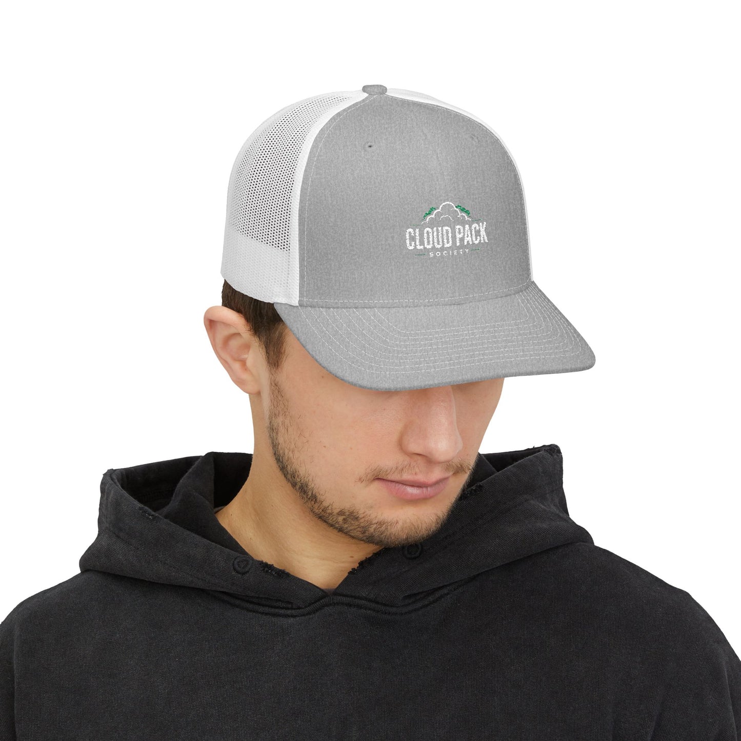 Cloud Pack Trucker Cap — Embroidered Mountain & Cloud Snapback Hat
