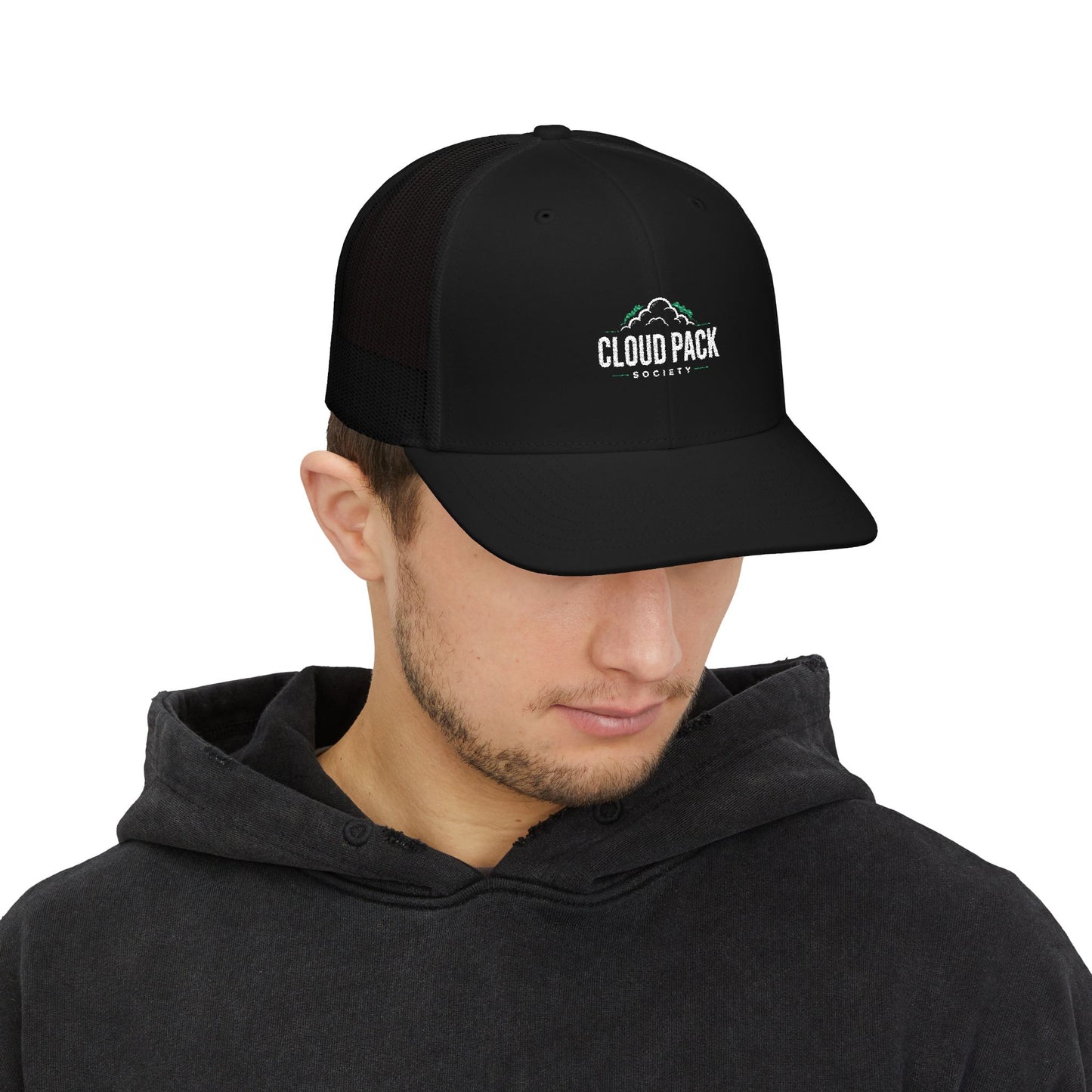 Cloud Pack Trucker Cap — Embroidered Mountain & Cloud Snapback Hat