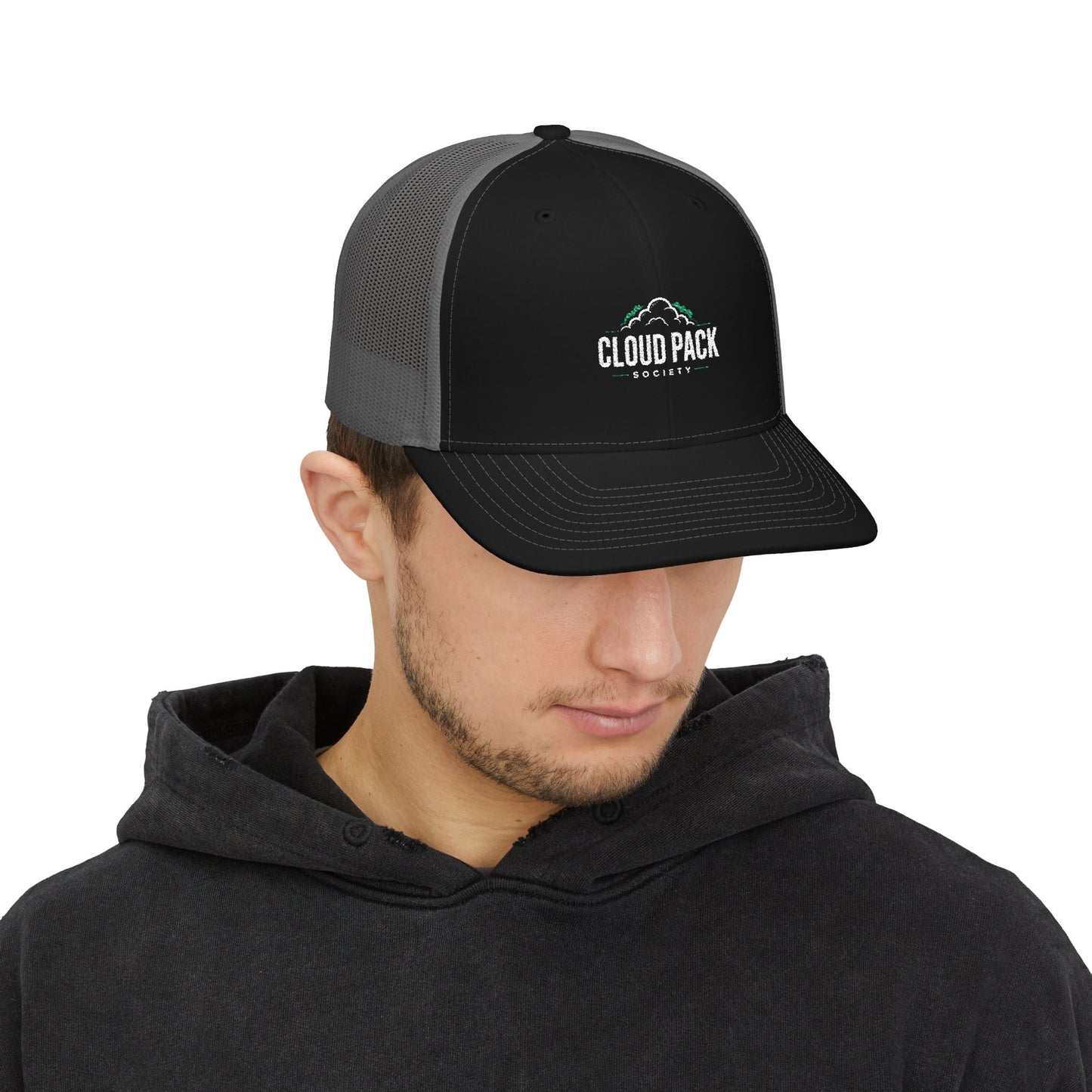 Cloud Pack Trucker Cap — Embroidered Mountain & Cloud Snapback Hat
