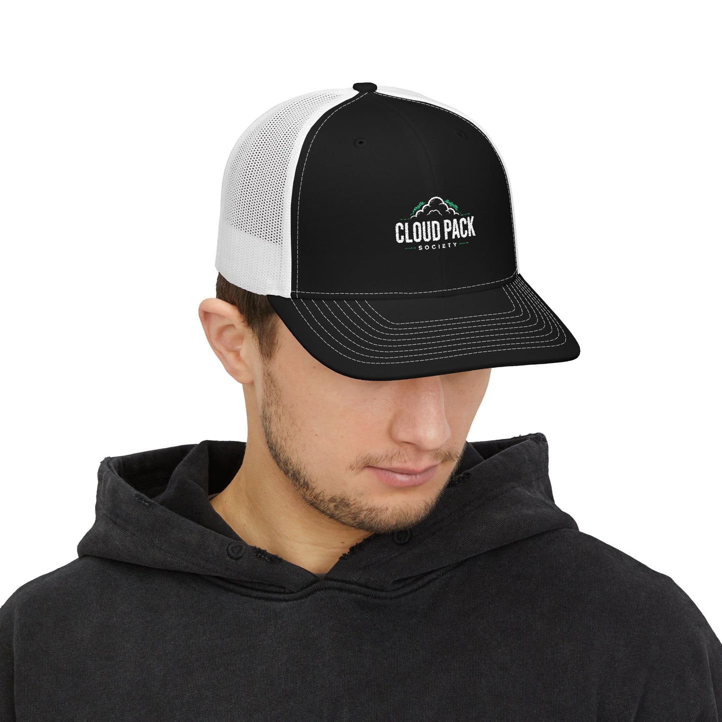 Cloud Pack Trucker Cap — Embroidered Mountain & Cloud Snapback Hat